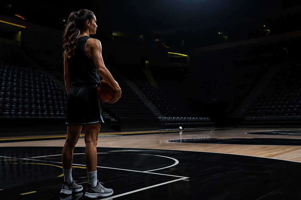 Jugadora de baloncesto en una cancha vacía