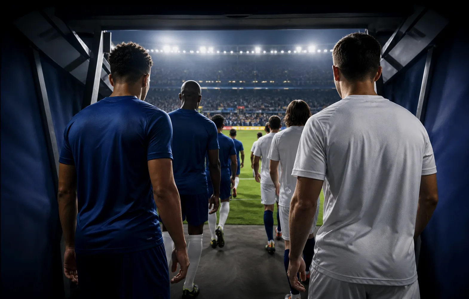 Players entering a stadium through the tunnel