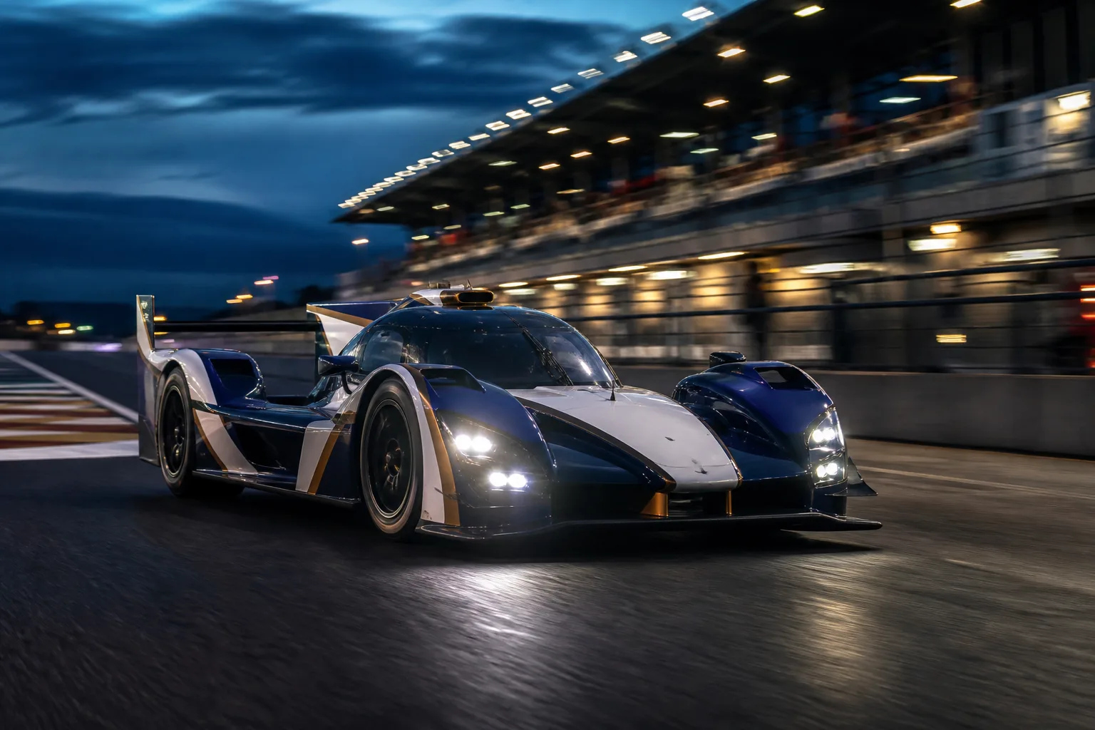 An endurance prototype racing at blue hour